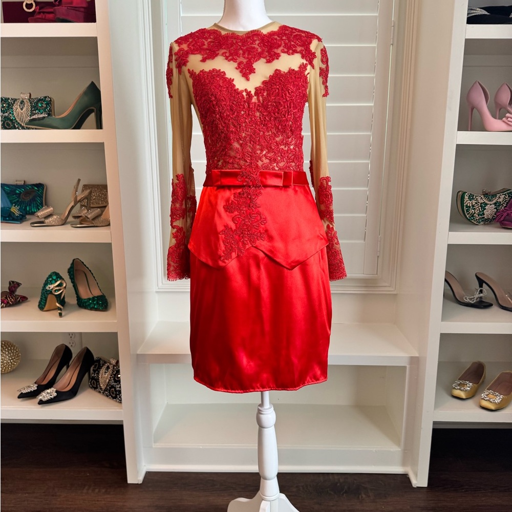 Red Lace & Satin Cocktail Dress with Sheer Detail – Size Medium